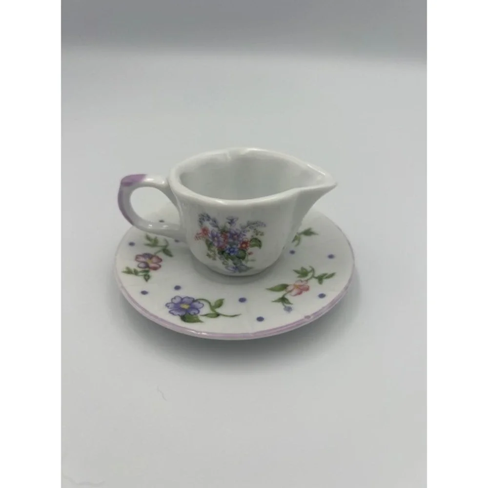 Miniature Floral Porcelain Creamer and Saucer Set Purple White Tea Set Accessory
